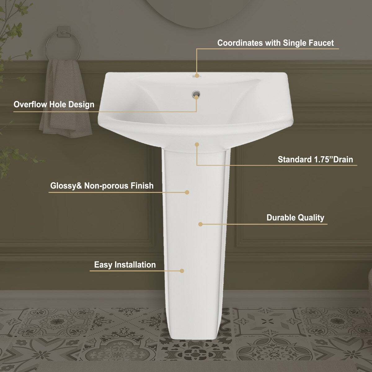 26'' Tall White Ceramic Rectangular Pedestal Bathroom Sink with Overflow
