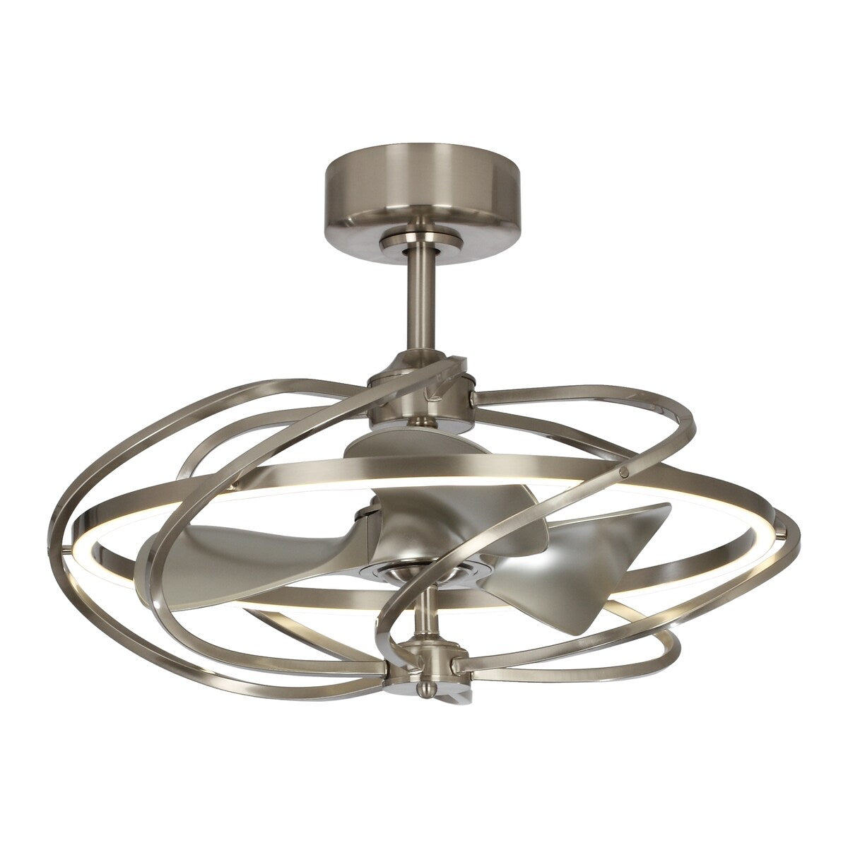 Modern Globel Satin Nickel LED Caged Ceiling Fan with Light and Remote - 27 Inches