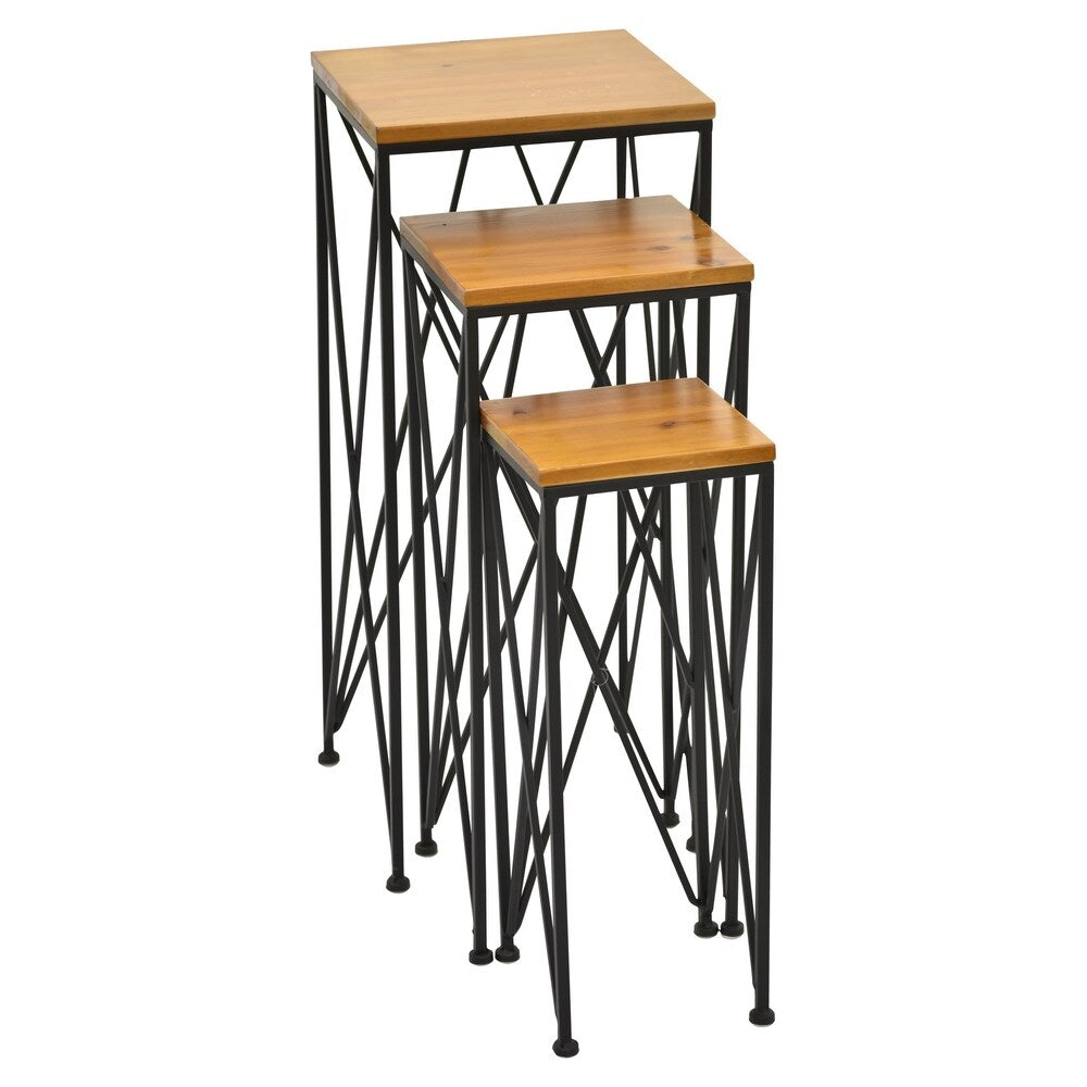 27.5 " Brown Metal Set Of Three Metal With Wood Top Tables