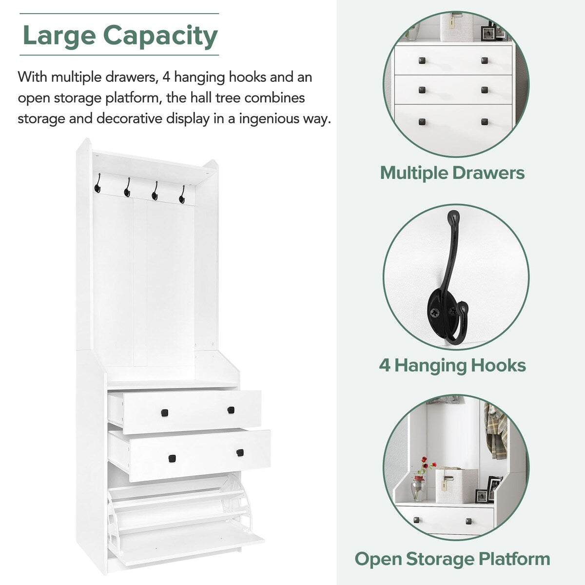 27.5''W Narrow Hall Tree with Flip Drawer, 4 Hanging Hooks & Drawers, Adjustable Shoe Storage Cabinet for Hallway