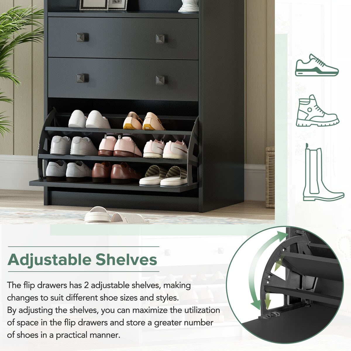 27.5''W Narrow Hall Tree with Flip Drawer, 4 Hanging Hooks & Drawers, Adjustable Shoe Storage Cabinet for Hallway