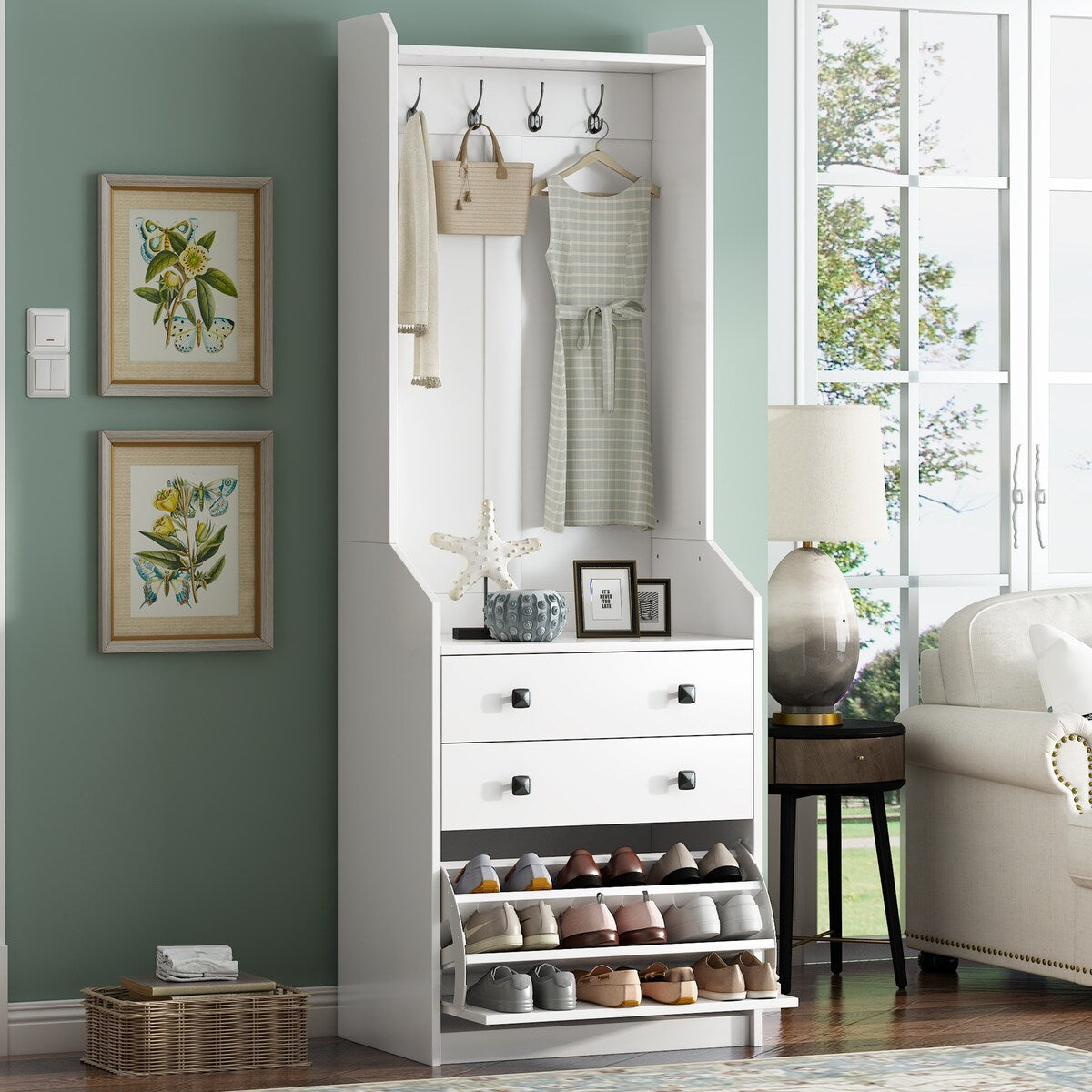 27.5''W Narrow Hall Tree with Flip Drawer, 4 Hanging Hooks & Drawers, Adjustable Shoe Storage Cabinet for Hallway