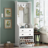 27.5''W Narrow Hall Tree with Flip Drawer, 4 Hanging Hooks & Drawers, Adjustable Shoe Storage Cabinet for Hallway