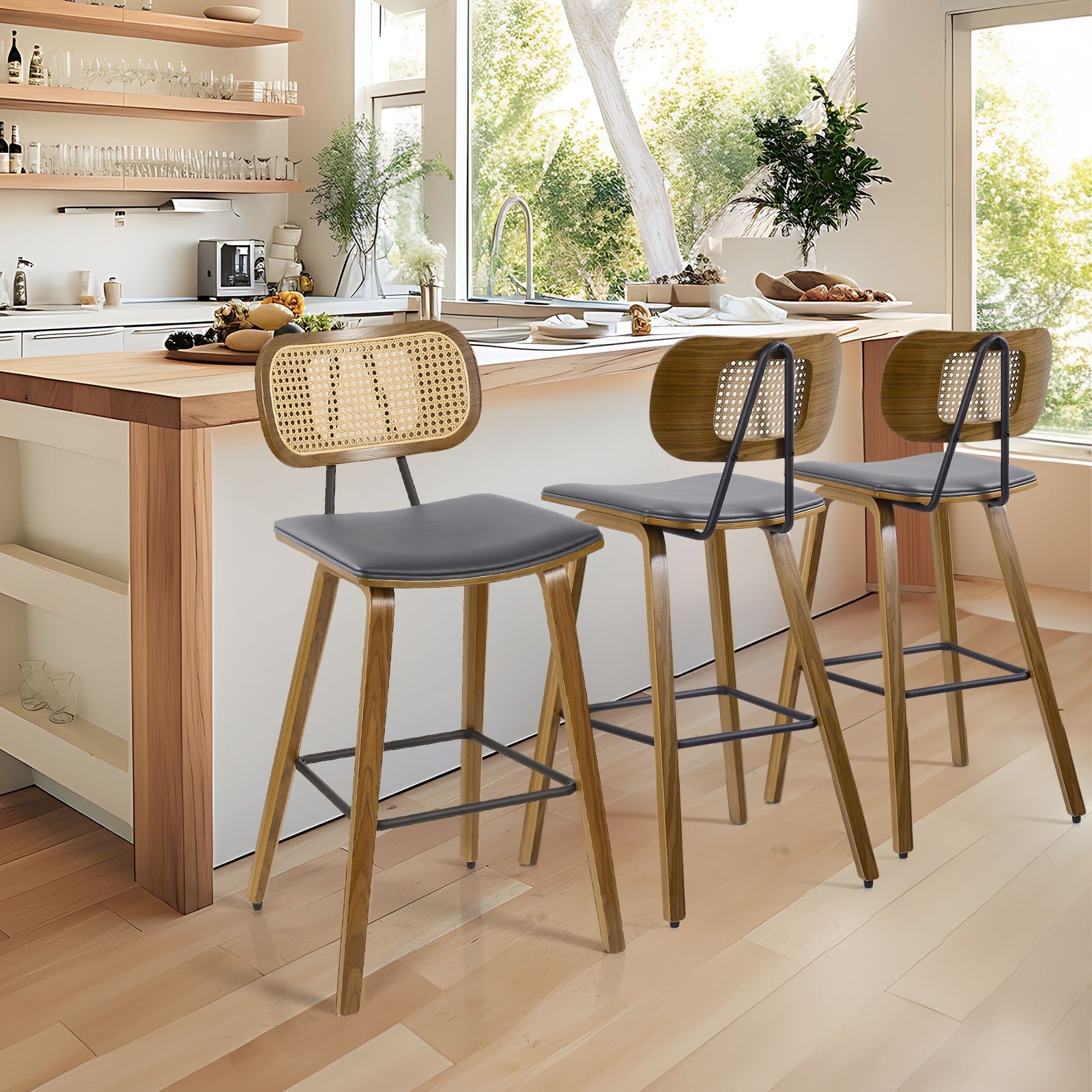 26 inch Wood Counter Height Bar Stools with Rattan Back