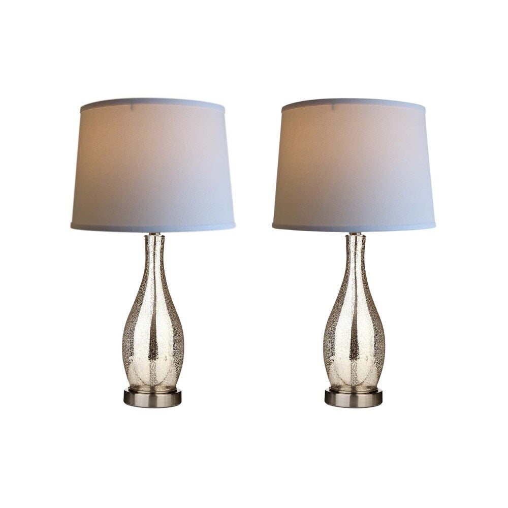 27" Teardrop Lamp Base 2 Pack, Mercury Silver/Gold Glass Table Lamp Set with White Linen Shades