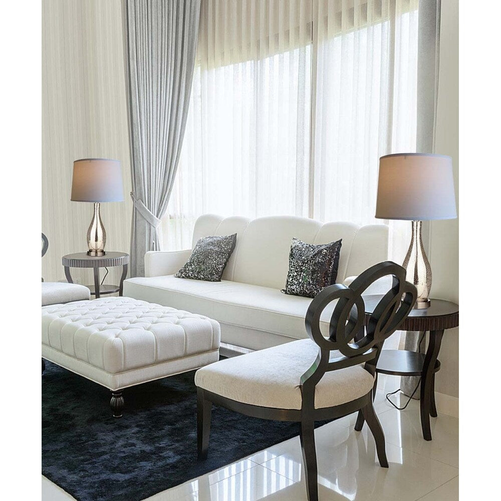 27" Teardrop Lamp Base 2 Pack, Mercury Silver/Gold Glass Table Lamp Set with White Linen Shades