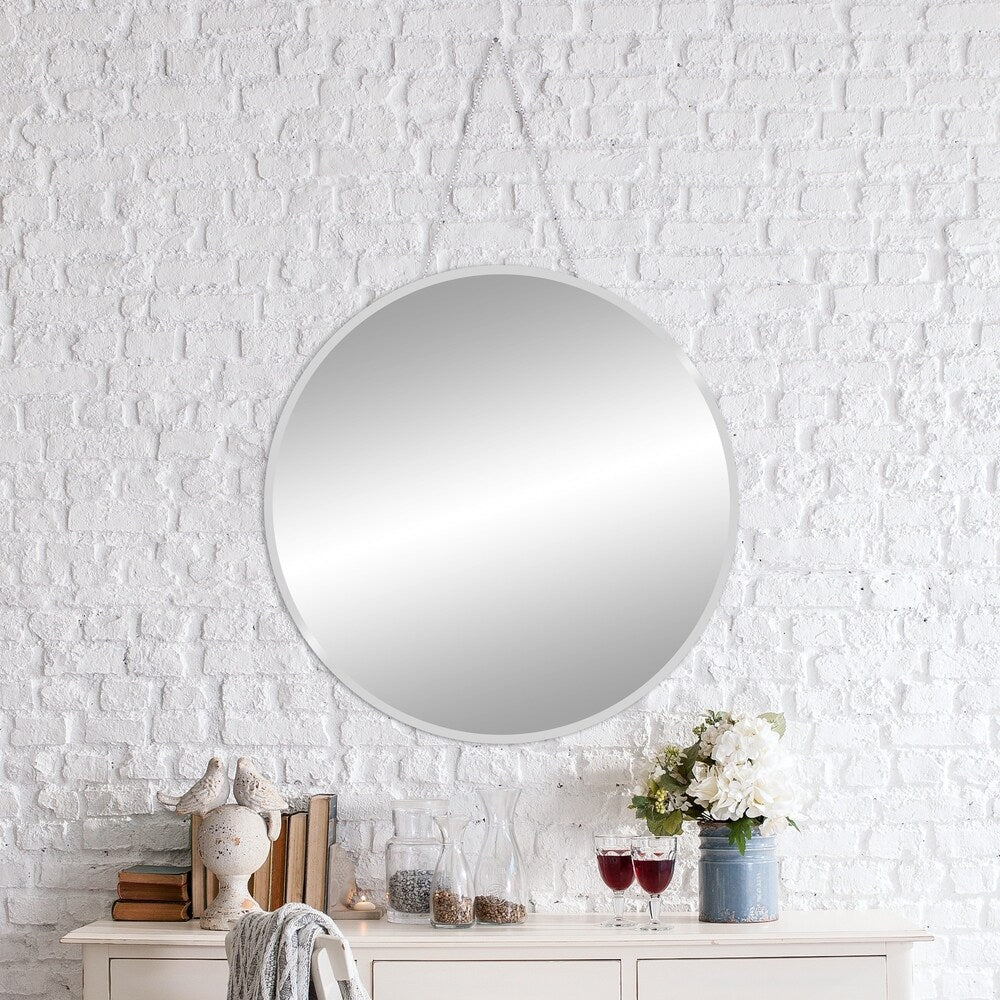 28 Inch Frameless Beveled Wall Mirror With Hanging Chain - Silver