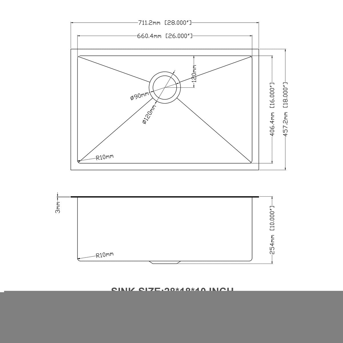 28 inch Undermount Kitchen Sink Gunmetal Black Stainless Steel Deep Single Bowl Kitchen - 28" x 18" x 10"