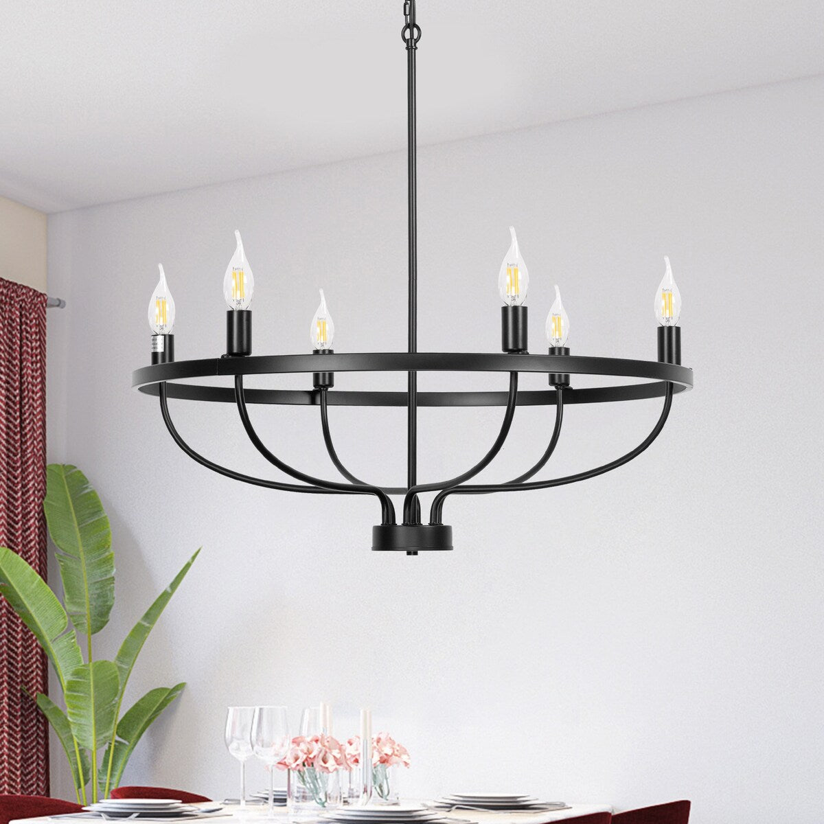 YANSUN 28.54 in. 6-Light Black Wagon Wheel Pendant Linght Vintage Farmhouse Industrial Candle Chandelier for Dining Room Hallway