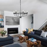 YANSUN 28.54 in. 6-Light Black Wagon Wheel Pendant Linght Vintage Farmhouse Industrial Candle Chandelier for Dining Room Hallway