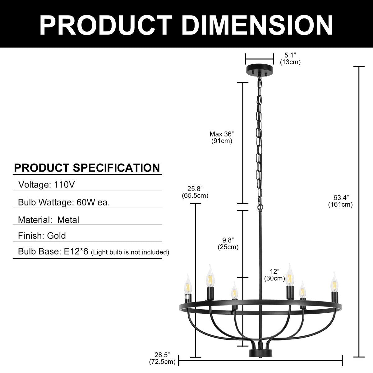 YANSUN 28.54 in. 6-Light Black Wagon Wheel Pendant Linght Vintage Farmhouse Industrial Candle Chandelier for Dining Room Hallway