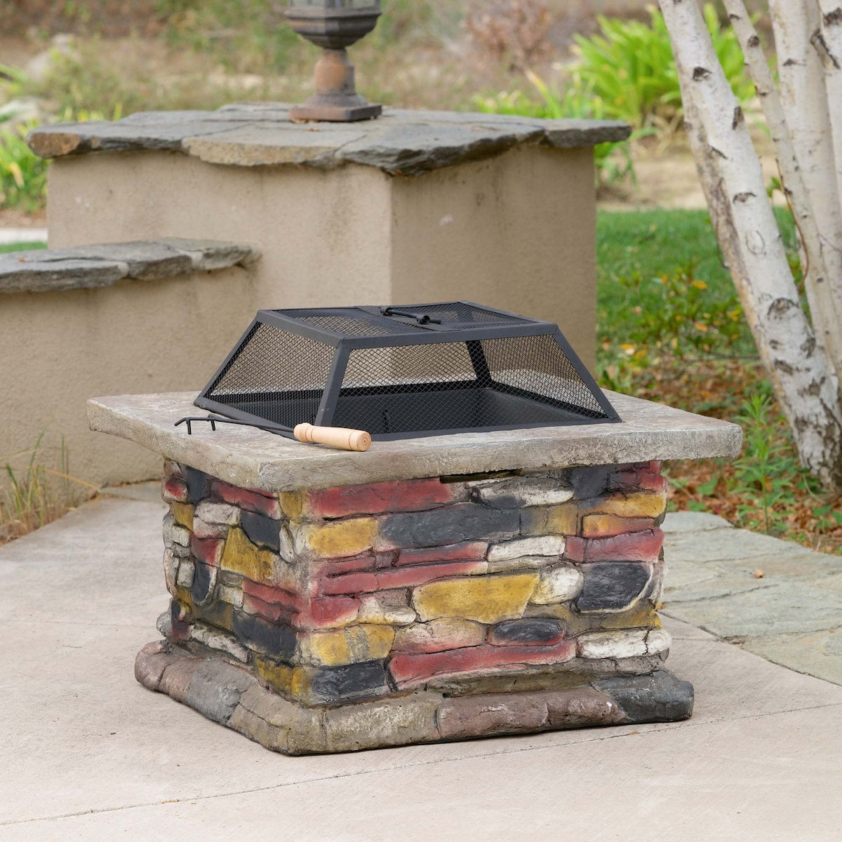 28.7 in. W x 22 in. H Stone Square Wood Burning Outdoor Fire Pit