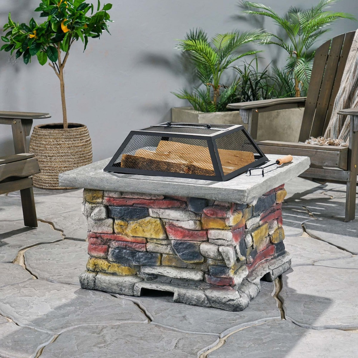 28.7 in. W x 22 in. H Stone Square Wood Burning Outdoor Fire Pit