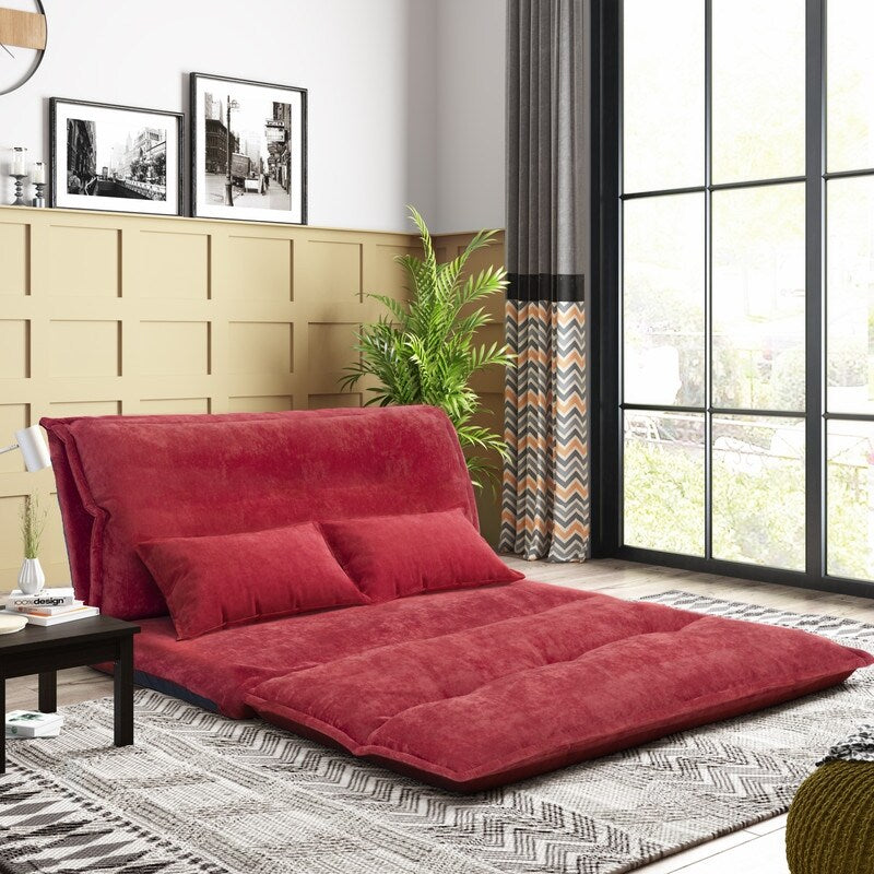 (Red) Sofa Bed Adjustable Folding Futon Sofa Leisure Sofa Bed with Two Pillows