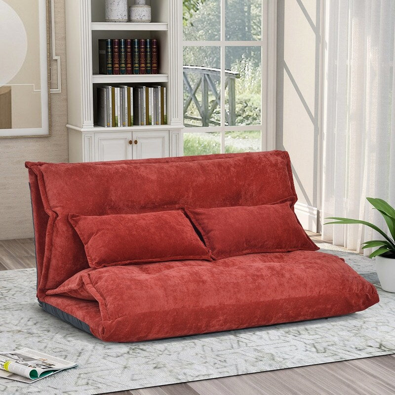 (Red) Sofa Bed Adjustable Folding Futon Sofa Leisure Sofa Bed with Two Pillows