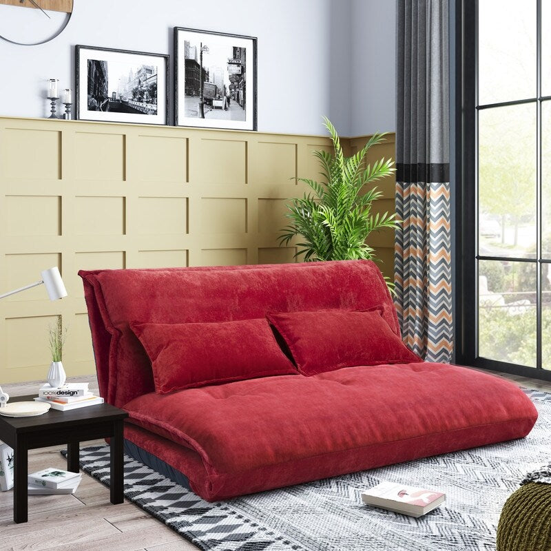 (Red) Sofa Bed Adjustable Folding Futon Sofa Leisure Sofa Bed with Two Pillows