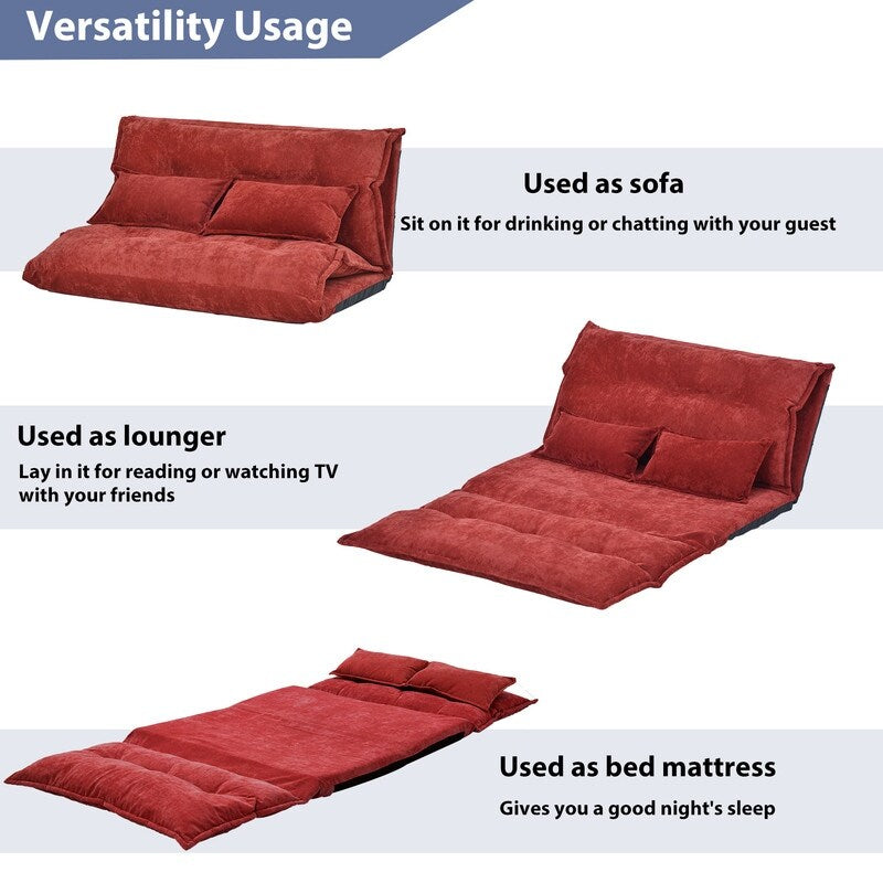 (Red) Sofa Bed Adjustable Folding Futon Sofa Leisure Sofa Bed with Two Pillows