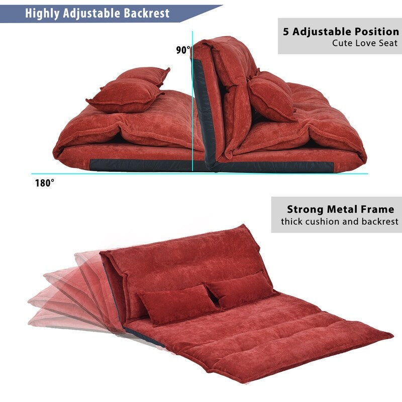 (Red) Sofa Bed Adjustable Folding Futon Sofa Leisure Sofa Bed with Two Pillows