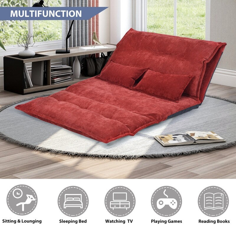 (Red) Sofa Bed Adjustable Folding Futon Sofa Leisure Sofa Bed with Two Pillows