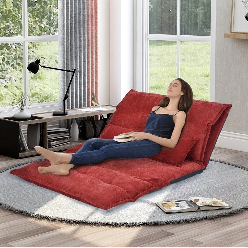 (Red) Sofa Bed Adjustable Folding Futon Sofa Leisure Sofa Bed with Two Pillows