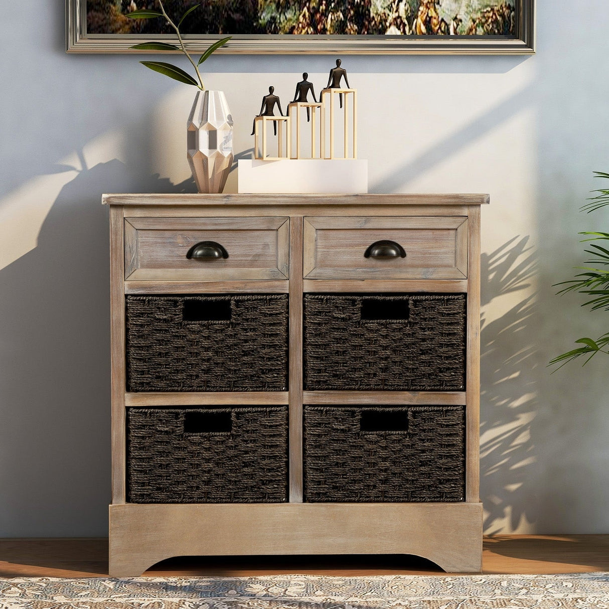 28'' Wood 2 Drawers Storage Cabinet with 4 Rattan Basket