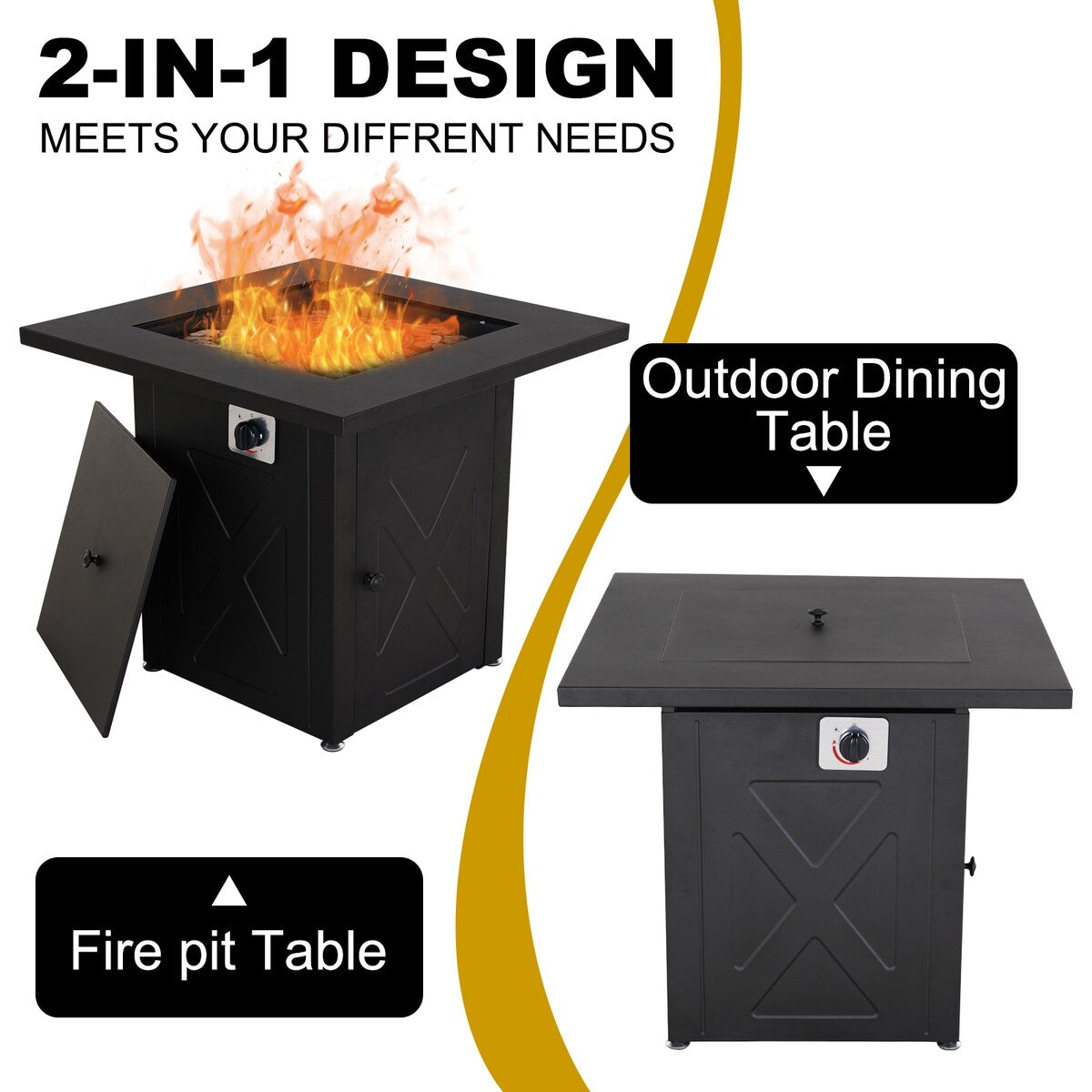 28 in. x 24.4 in. 50,000 BTU Full Iron Gas Fire Pit Square Brazier Table with Lid - 28*28*24.4 INCH