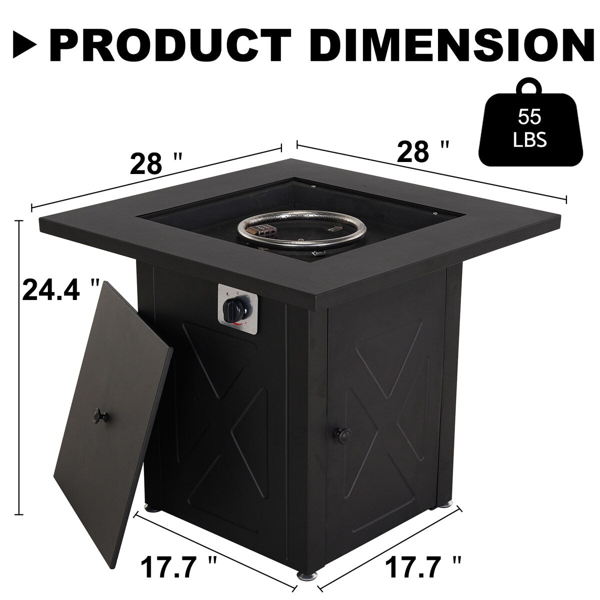 28 in. x 24.4 in. 50,000 BTU Full Iron Gas Fire Pit Square Brazier Table with Lid - 28*28*24.4 INCH