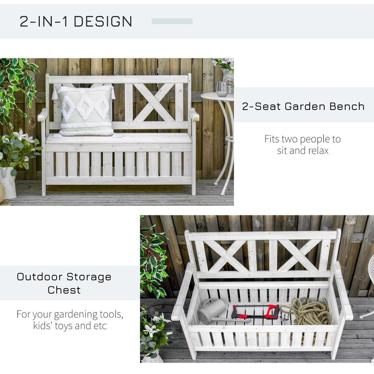 29 Gallon Garden Storage Bench with Waterproof Frame, Large Entryway Deck Box w/ Unique X-Shape Back, Louvered Side Panels
