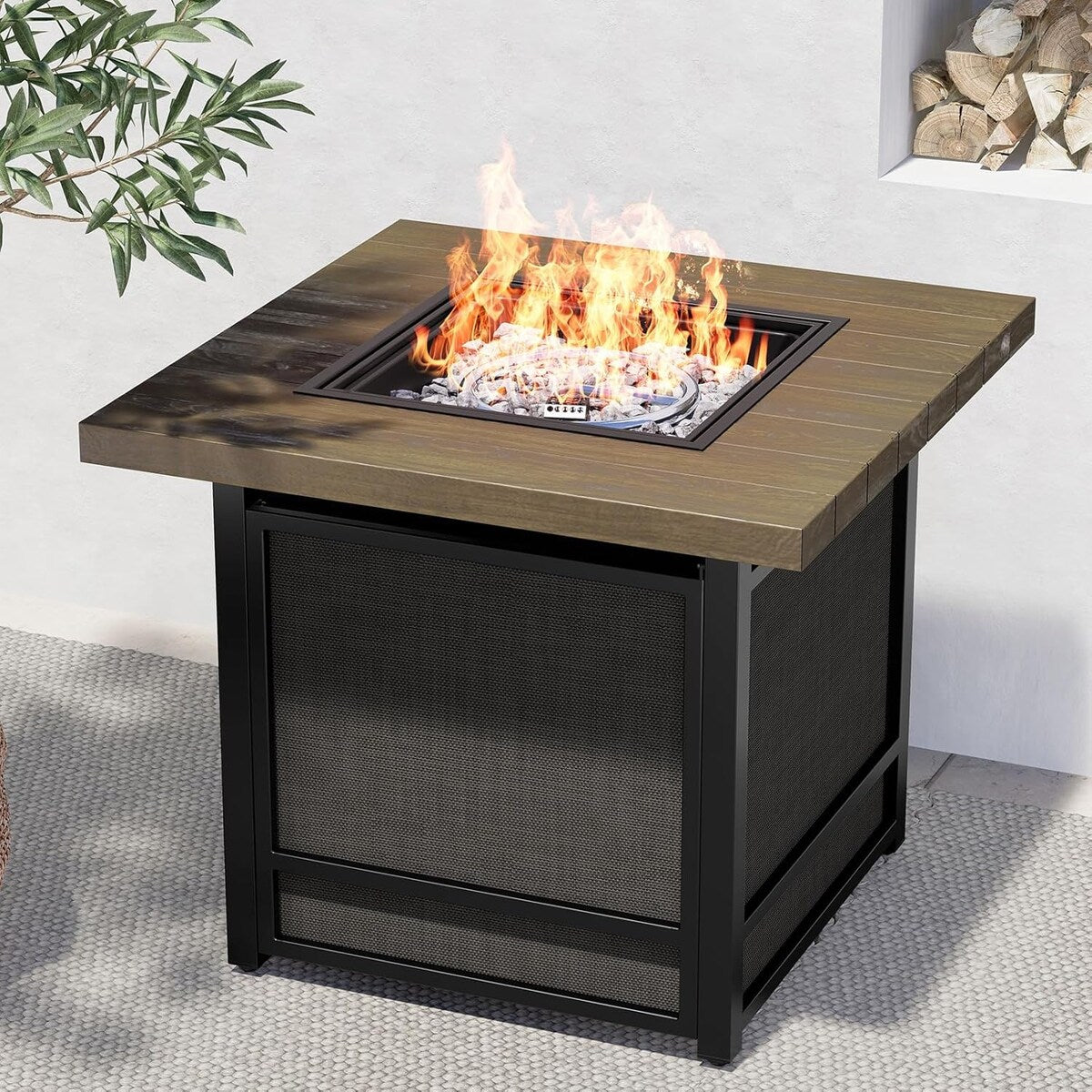 29 Inch Propane Fire Pit, Outdoor Fire Pit Wood Grain Square Smokeless Firepit Table with Sling Base