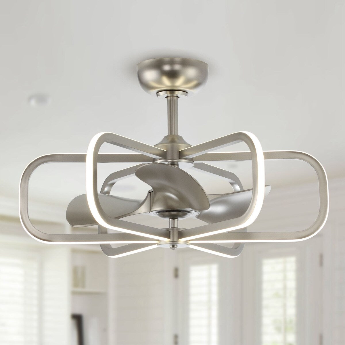 29 in. LED Indoor Satin Nickel Downrod Mount Chandelier Ceiling Fan with Light and Remote Control - 29.5" D x 18" H