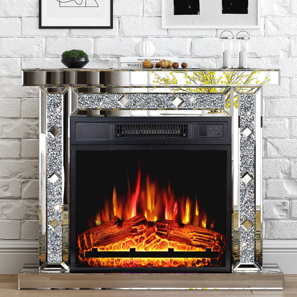 29.13'' W Modern Electric Fireplace with Mirrored Mantel
