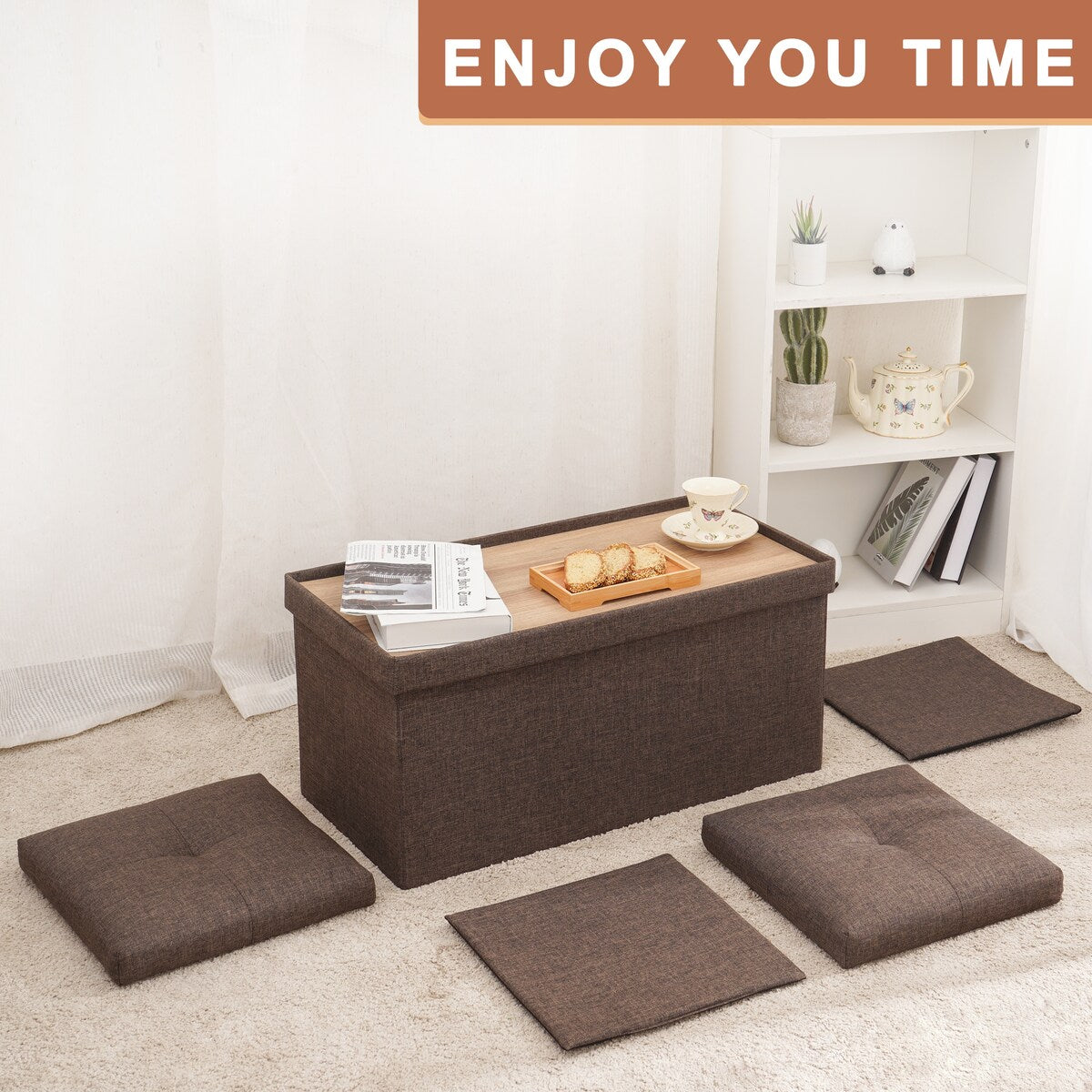 29.4 in. Wide Brown Retangle Fabric Foldable Storage Ottoman