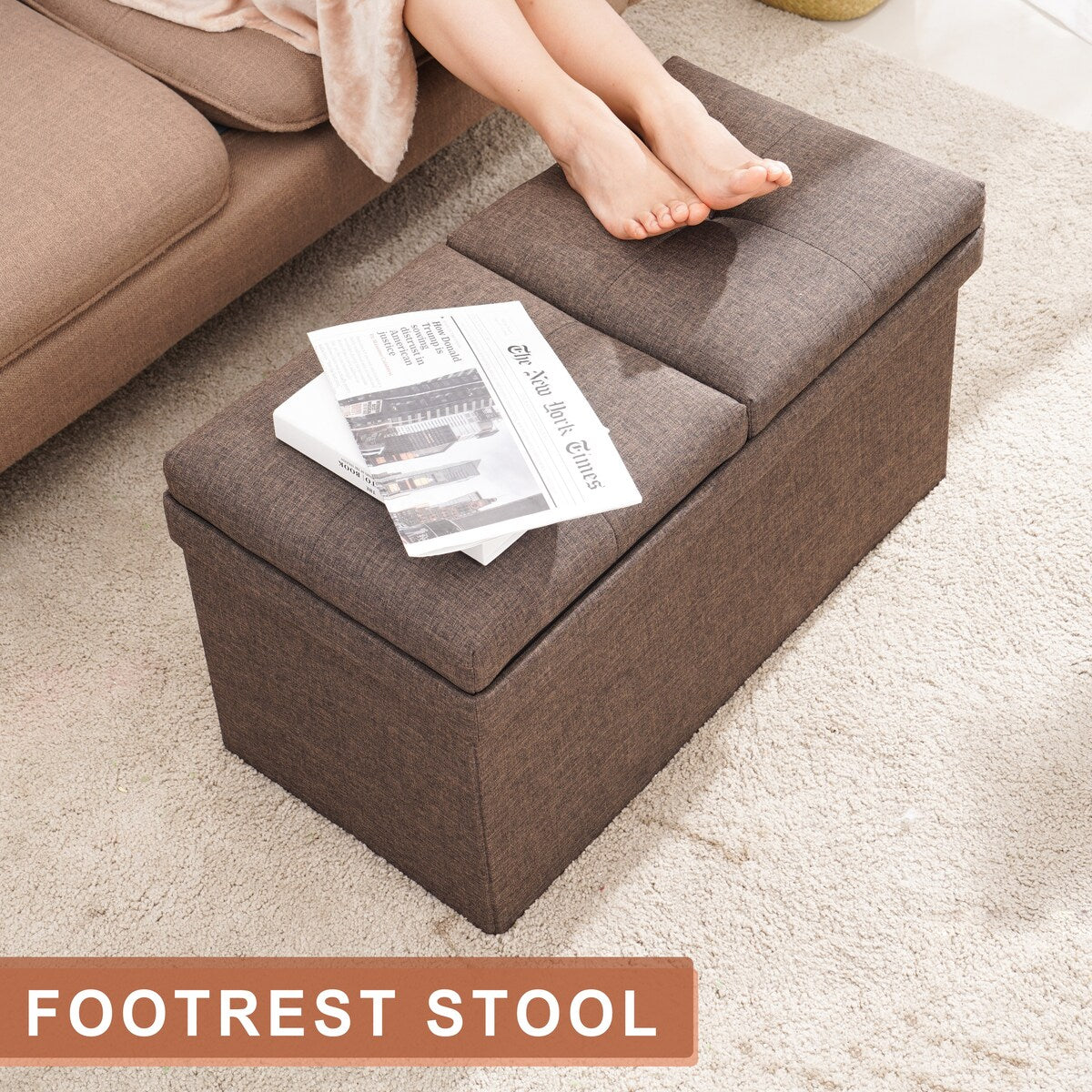 29.4 in. Wide Brown Retangle Fabric Foldable Storage Ottoman