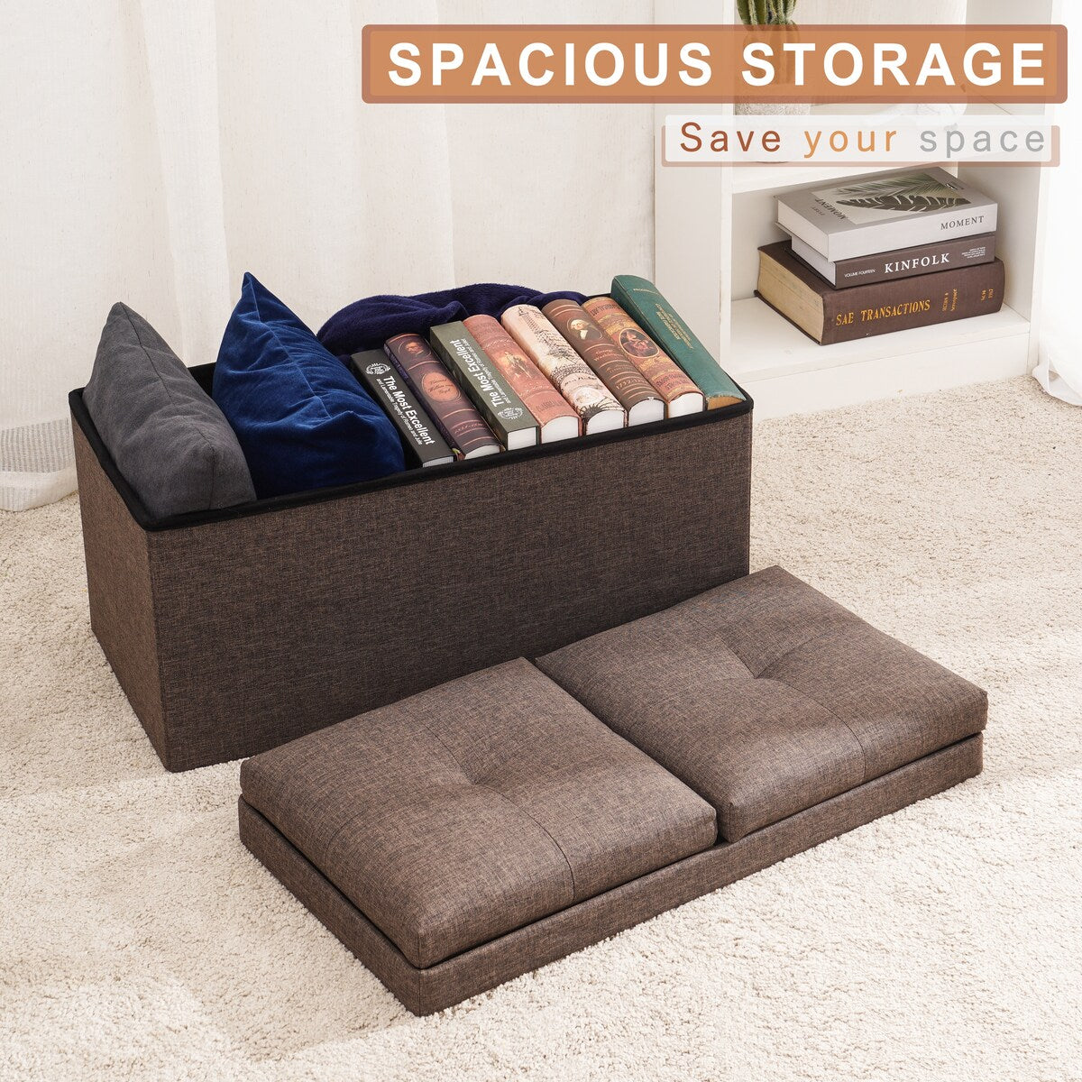 29.4 in. Wide Brown Retangle Fabric Foldable Storage Ottoman