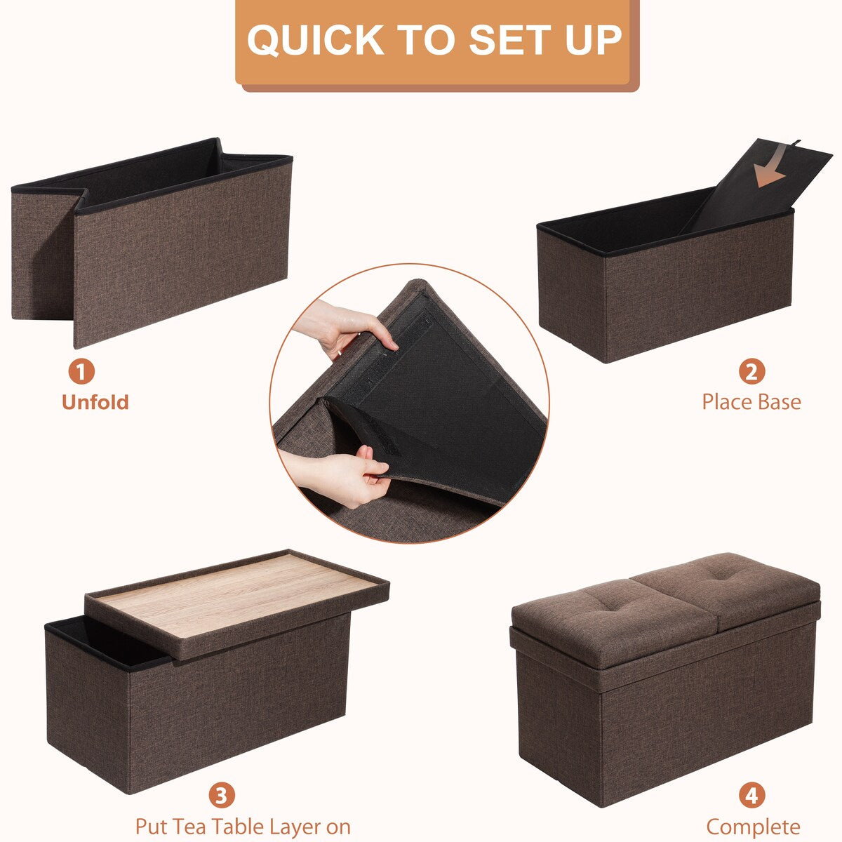 29.4 in. Wide Brown Retangle Fabric Foldable Storage Ottoman