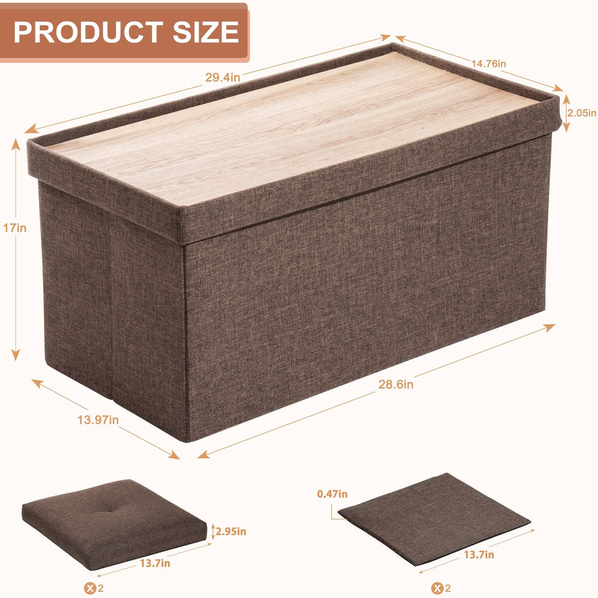 29.4 in. Wide Brown Retangle Fabric Foldable Storage Ottoman