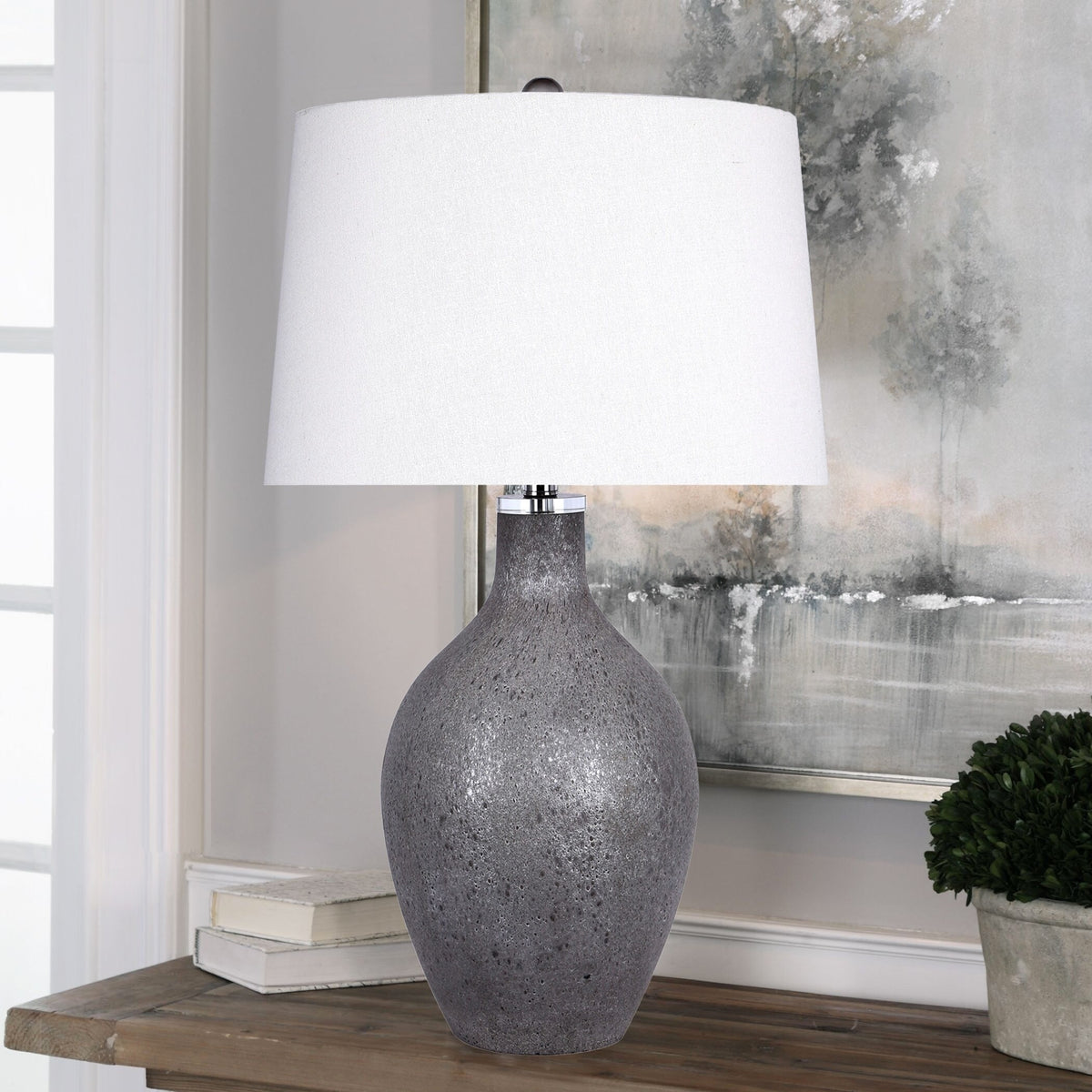 29.5" Gray Coal Slag Art Glass Table Lamp W/ Bright White Tapered Drum