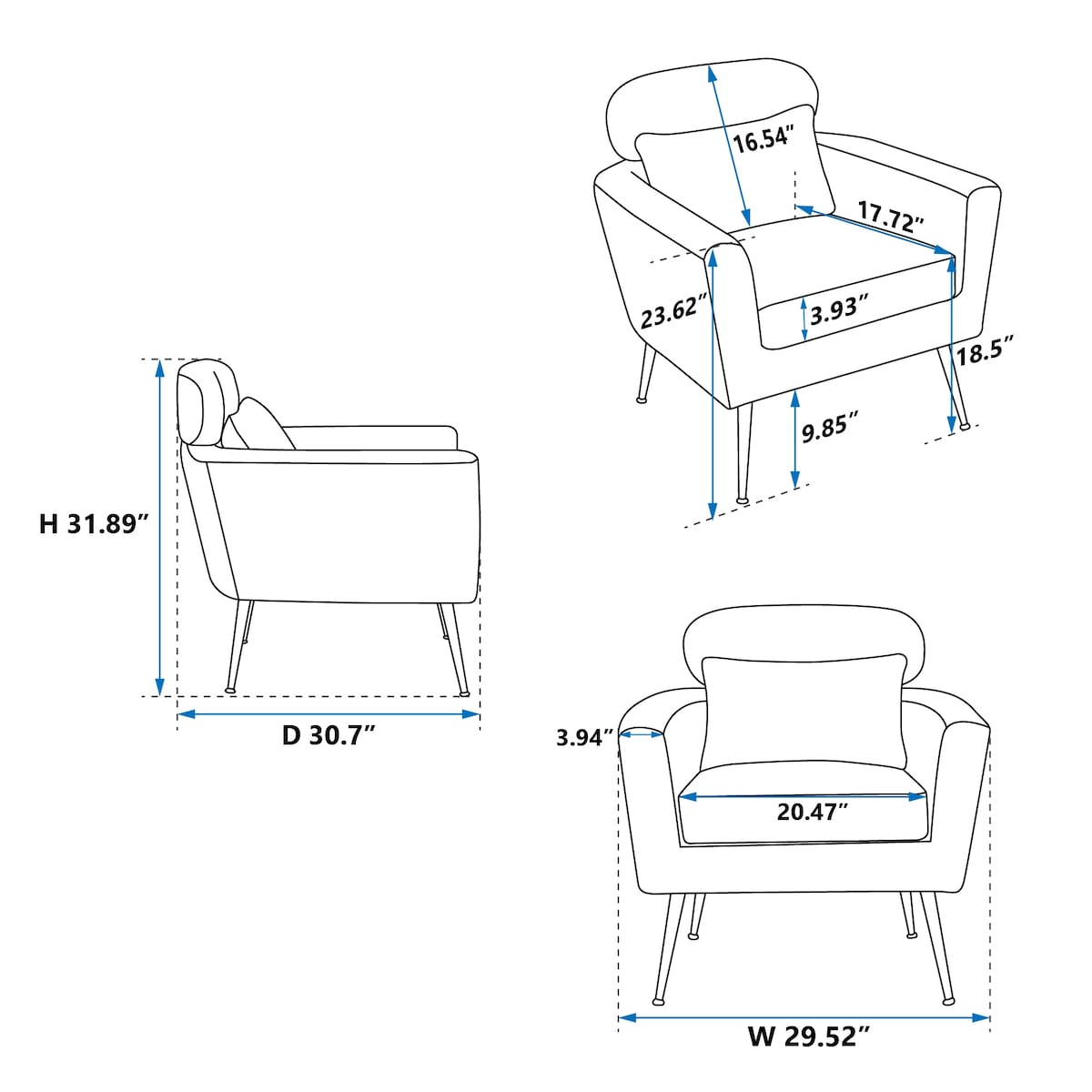 29.5"W Modern Accent Chair Armchair Upholstered Reading Chair Leisure Club Chair with Gold Metal Leg and Throw Pillow