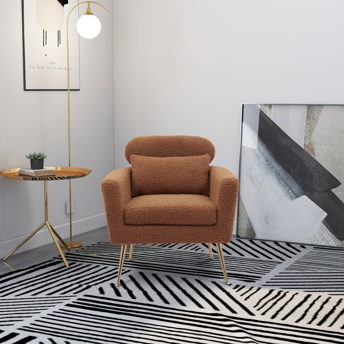 29.5"W Modern Accent Chair Armchair Upholstered Reading Chair Leisure Club Chair with Gold Metal Leg and Throw Pillow