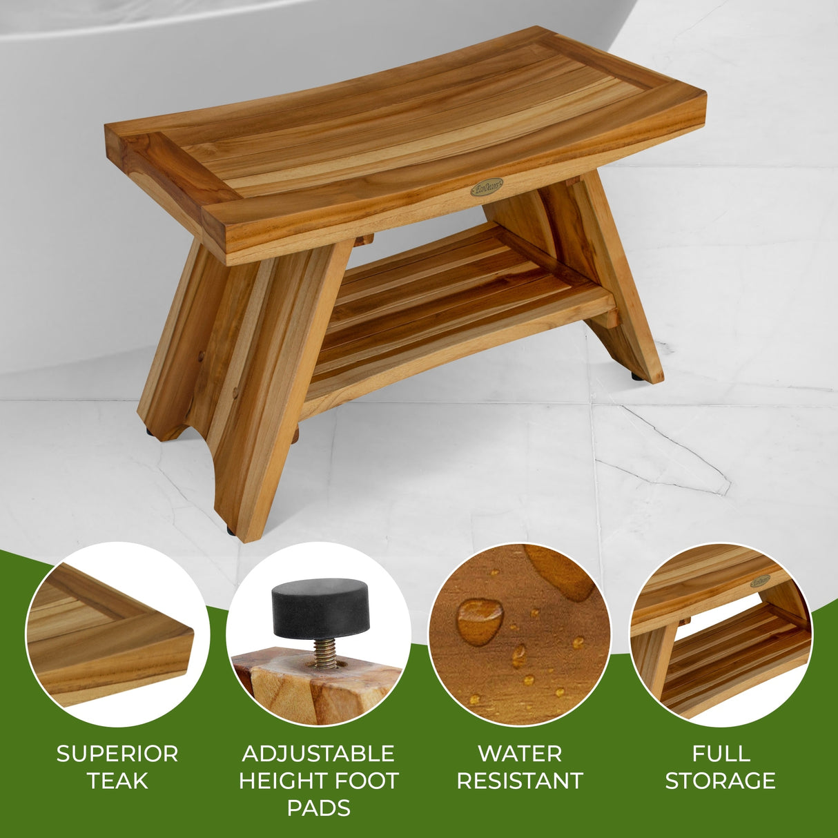 EcoDecors 30-inch, Teak Shower Bench, Teak Bench for Shower, Teak Bench, Shower Teak Bench, Teak Wood Shower, Teak Shower Stool