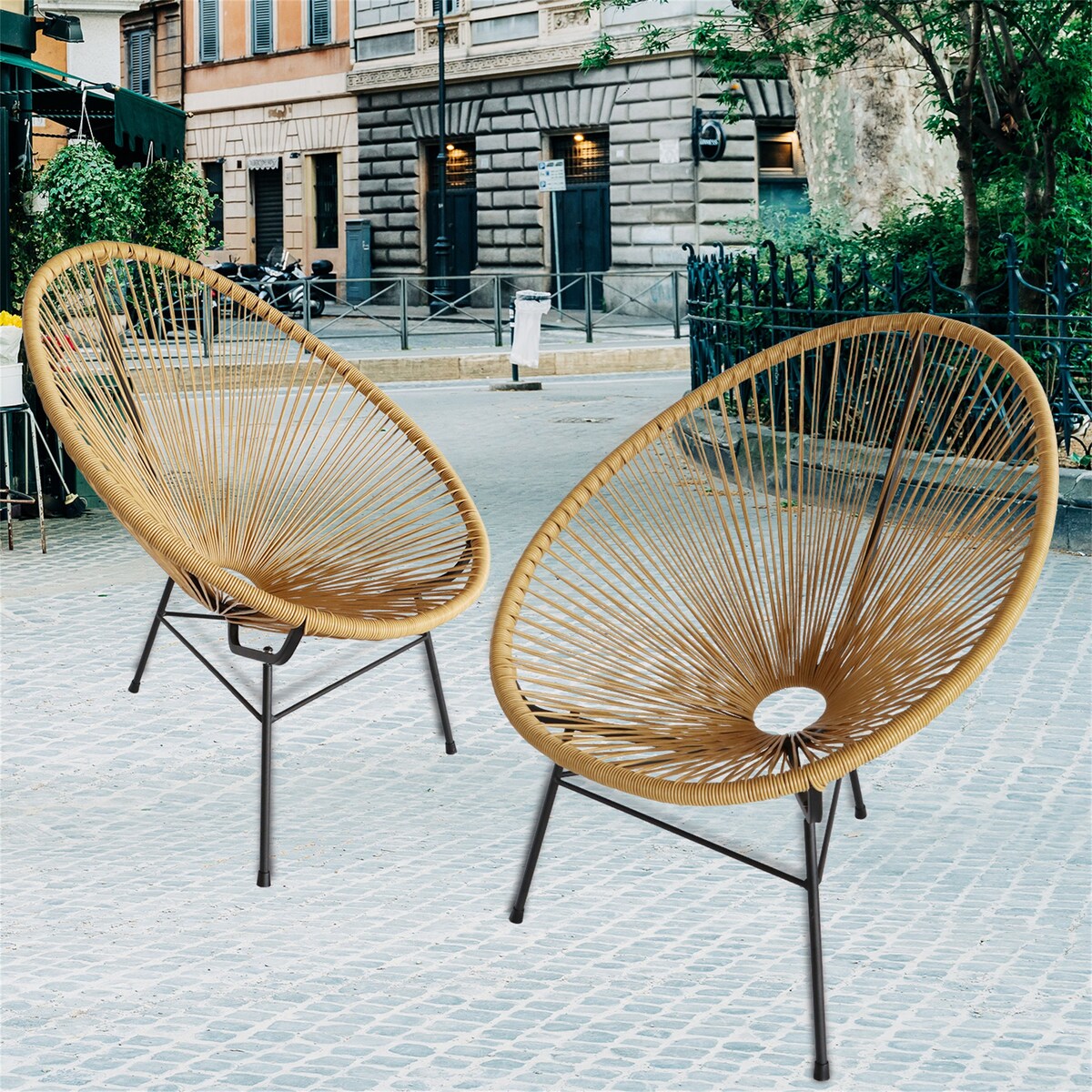 2PCS Outdoor Chair Patio Bistro Set Flexible Rope & Metal Frame Beige