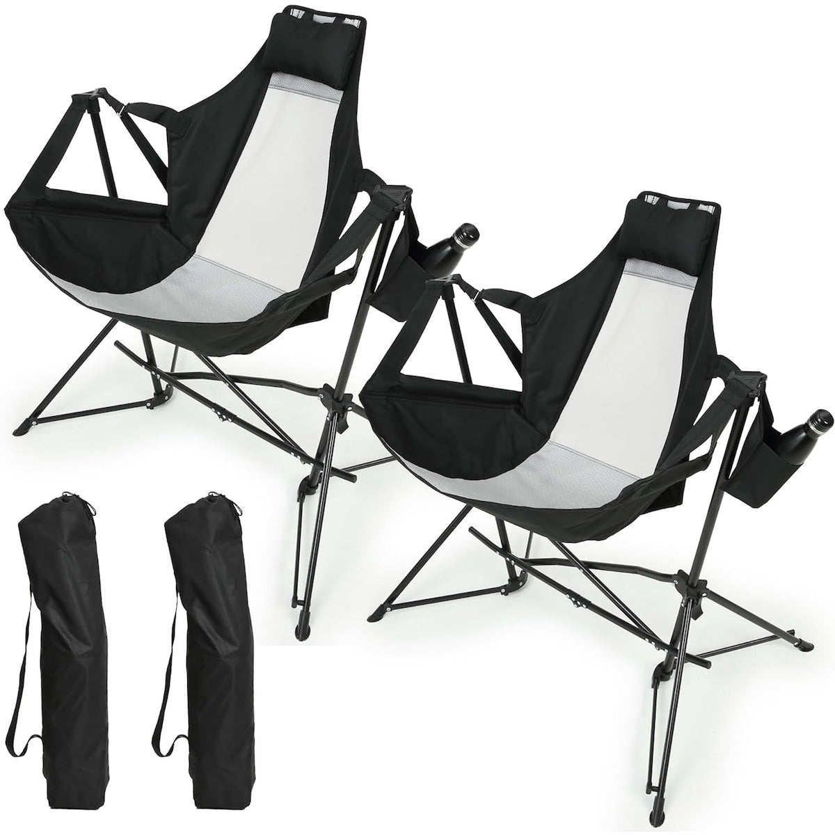2Pc Outdoor Patio Camping Chairs With Adjustable Back,Cup Holder,Carry Bag