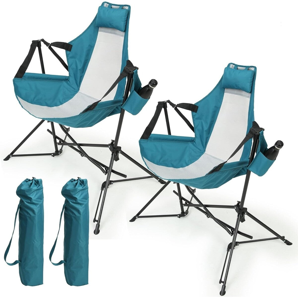 2Pc Outdoor Patio Camping Chairs With Adjustable Back,Cup Holder,Carry Bag