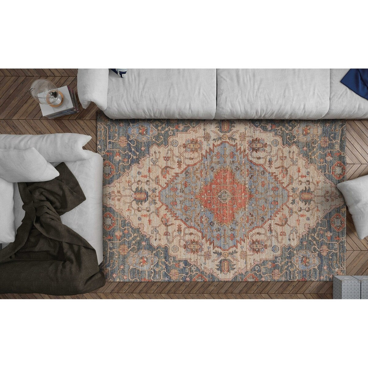 HomeRoots 2' X 4' Blue and Beige Medallion Hand Woven Distressed Area Rug - 2' x 3' Oval