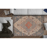HomeRoots 2' X 4' Blue and Beige Medallion Hand Woven Distressed Area Rug - 2' x 3' Oval