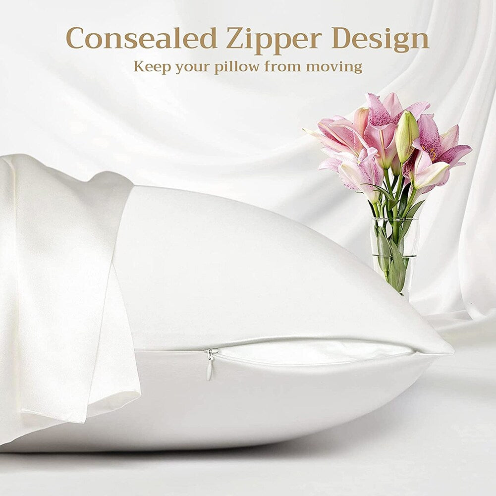 2pcs Double-Sided Design Silk Pillowcase with Hidden Zipper White