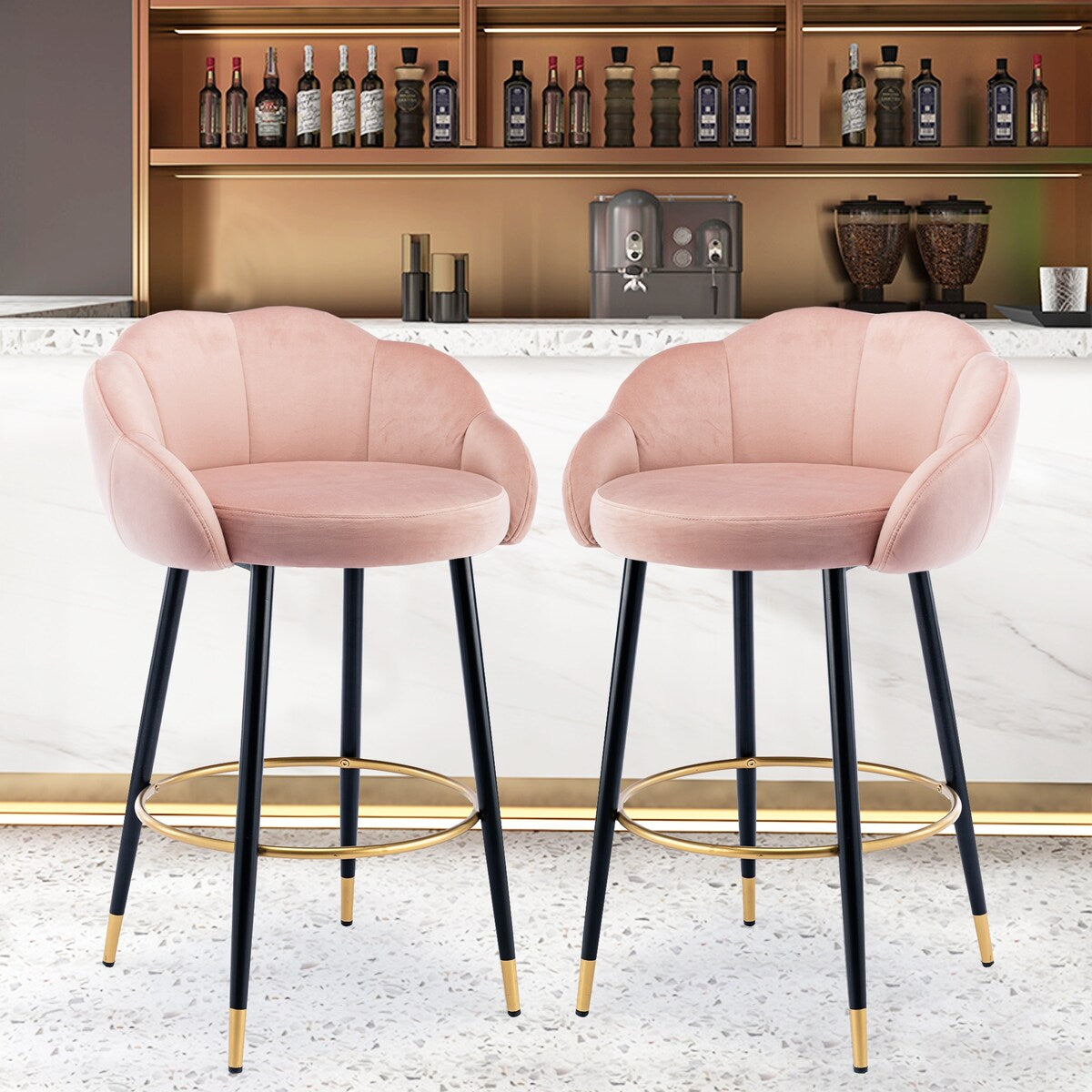 2pcs Velvet Upholstery Bar Stools with Back and Footrest