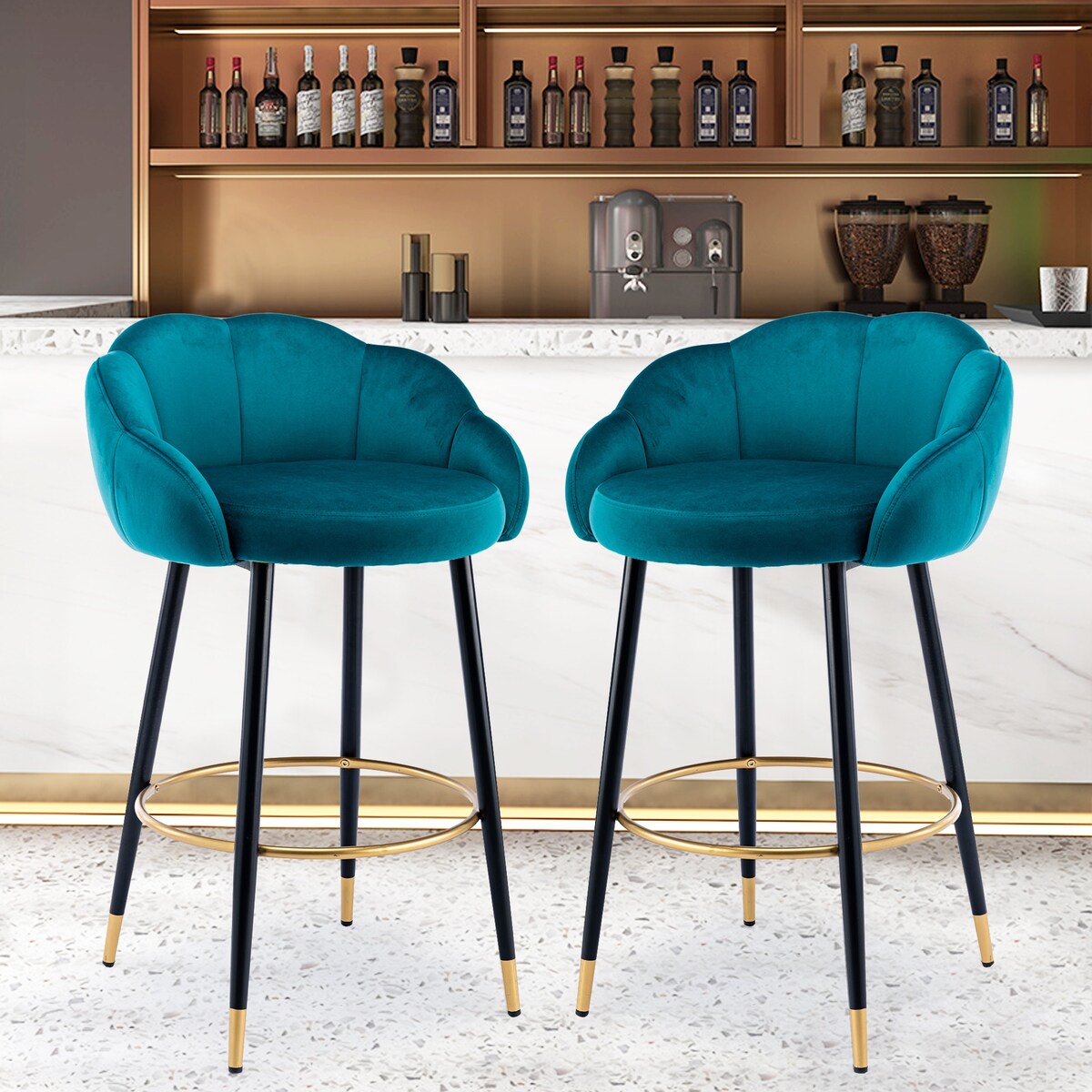 2pcs Velvet Upholstery Bar Stools with Back and Footrest