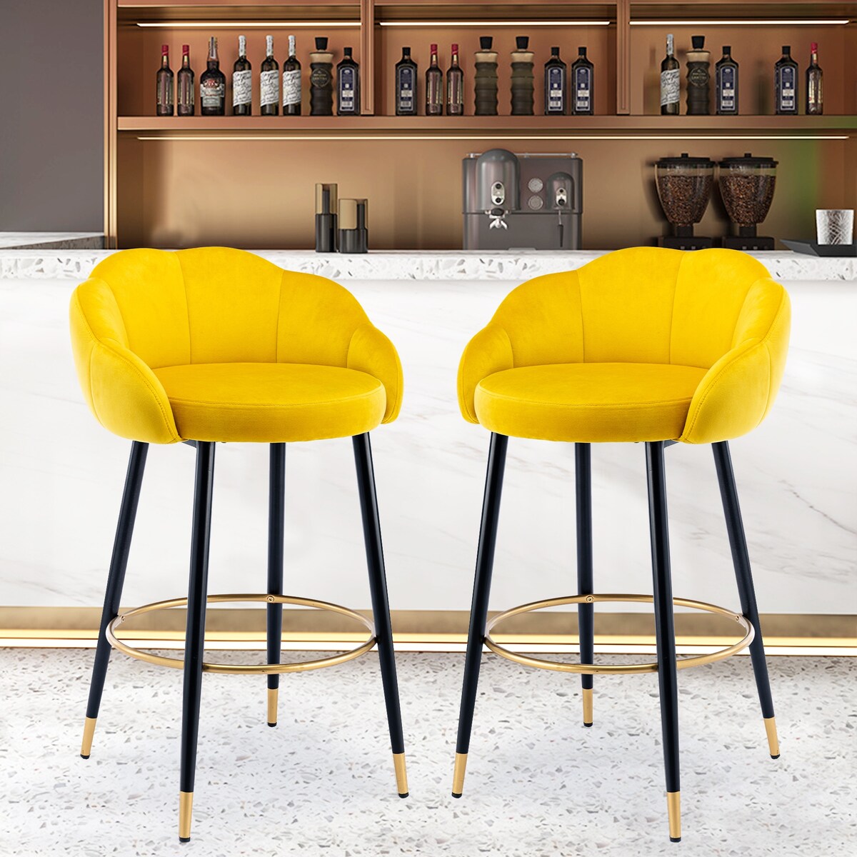 2pcs Velvet Upholstery Bar Stools with Back and Footrest