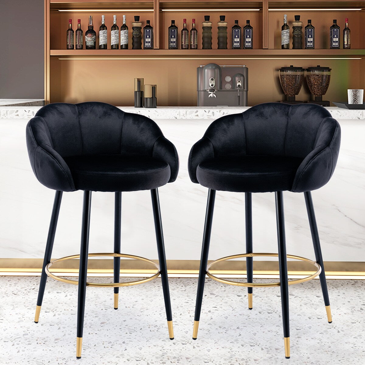 2pcs Velvet Upholstery Bar Stools with Back and Footrest